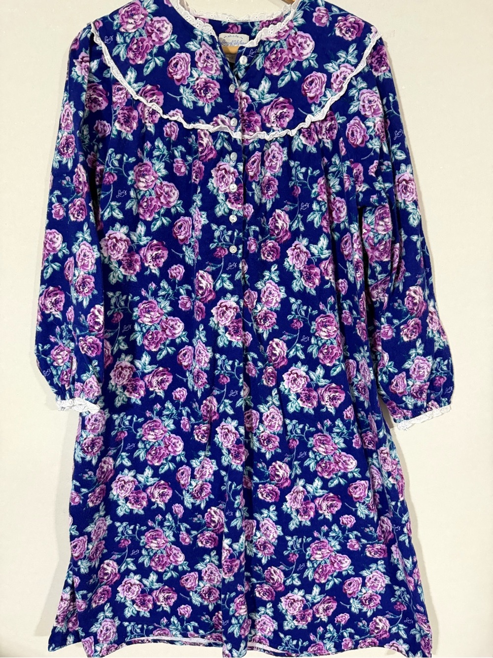 Women’s Navy Floral Button-Front Nightgown with Pink Rose Print